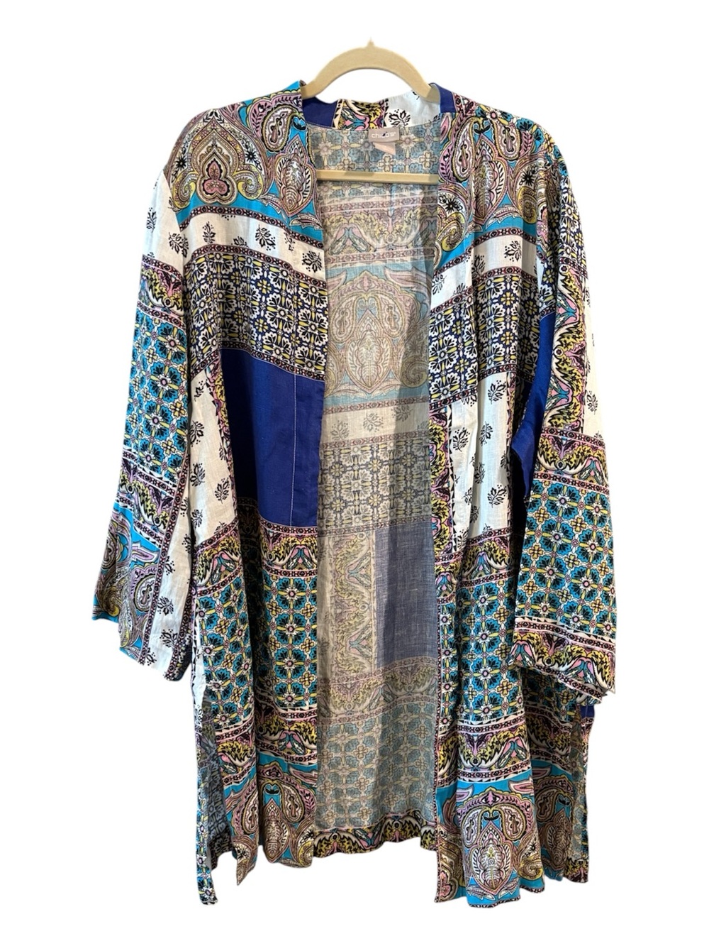 Chico’s 100% Linen Boho Kimono| Lightweight Open Front Patchwork XXL